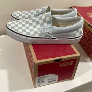 Blue and white checkered slip on vans